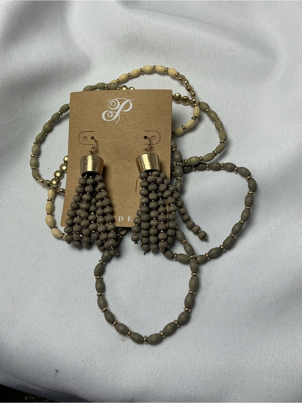 ★ Boho Wood Bead Tassel Earrings & Stack Bracelet Set Neutral Gold - Picture 5 of 9
